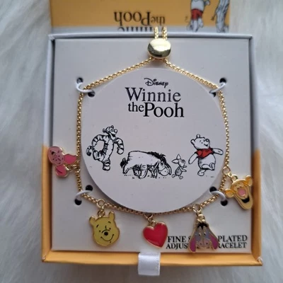 Disney Winnie the Pooh Pulsera Ajustable Chapada en Oro Fino Esmalte Cuelga Dijes Foto 1 de 4