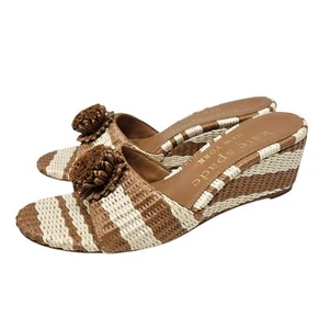 Kate Spade 6.5 Slide Wedge Woven Raffia Preppy Sandal Brown White Stripe Coastal - Picture 1 of 4
