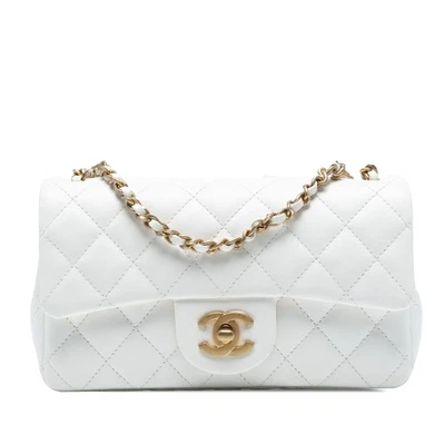 Autenticado Chanel Mini Rectangular Clásico Piel de Cordero Romance Solapa Única Blanco Foto 1 de 4