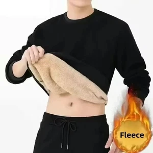 Winter Men Lamb Fleece Sweatshirt Solid Color Warm Round Neck Long Sleeve Men - Picture 1 of 8