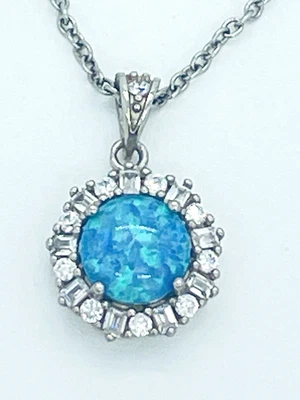Colar pingente halo opala azul prata esterlina 925 18 polegadas - Opala simulada - Imagem 1 de 4