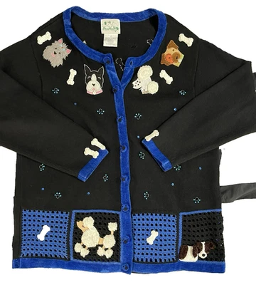 The Quacker Factory Poodle Dog Black Cardigan Sweater Plus Size 1X Embroidered - Image 1 of 4