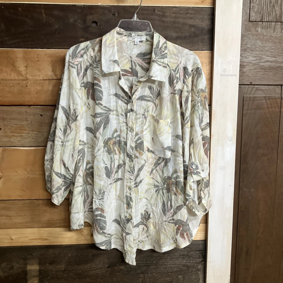 Size 2X Women’s  Floral Sheer Tunic Button Tropical By New Direction - Image 1 of 4