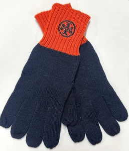 NWOT TORY BURCH Wool Gloves One Size Navy Orange Embroidered Logo Unisex - Picture 1 of 7