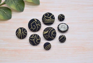 Set of 5 Black & Gold Waves Pattern Fabric Covered Shank Buttons -12mm,18mm,22mm - Picture 1 of 8