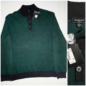 NWT Mens Saks Fifth Avenue Green Gray 10% Merino Wool Quarter Button Sweater XL - Picture 1 of 6
