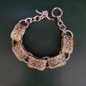 Link Bracelet Silver Tone and Gold Tone with Filigree and Crystals Adjustable - Picture 1 of 9