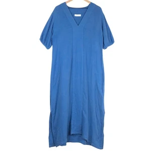 LAKE Gauze Caftan 100% Cotton Maxi Dress Sz L Blue V Neck Puff Sleeve Coastal - Picture 1 of 7