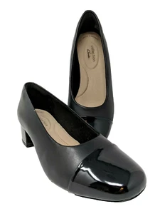 Clarks Chartli Diva Pumps Womens 7W Black Leather Cap Toe Patent Block Heel - Picture 1 of 12
