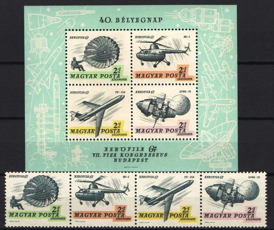 Hungary 1967. Aerofila II. aviation set with sheet MI.: 11.50 EUR MNH (**) - Image 1 of 1