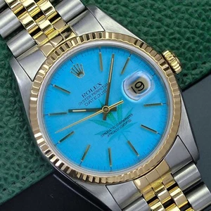 Rolex Mens Datejust Gold Steel Watch 36mm Blue Index Dial Fluted Bezel 16233 - Picture 1 of 24
