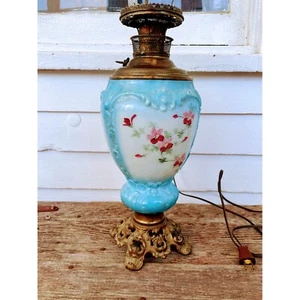 Antique Electrified Oil Lamp Base Hand painted Floral Porcelain Miller - Picture 1 of 17