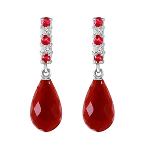 14K. GOLD DIAMOND & RUBY EARRINGS WITH DANGLING BRIOLETTE RUBIES (White Gold) - Picture 1 of 6