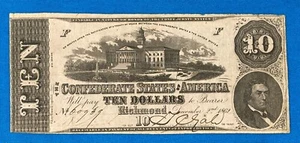 Cancelled Civil War 1862 Confederate States of America $10.00 Note - Picture 1 of 9