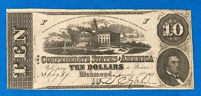 Cancelled Civil War 1862 Confederate States of America $10.00 Note - Image 1 of 4