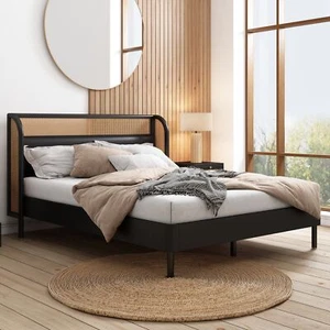 Queen Bed Rattan Wingback Headboard w/PU Leather Upholstery Solid Wood Bed - Picture 1 of 18
