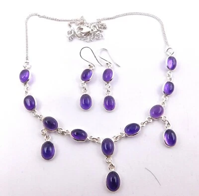 12 GM 925 Argento Sterling Naturale Ametista Cab Pietra Collana & Orecchino Set - Immagine 1 di 2