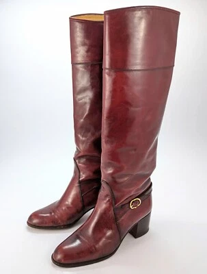 Bally Vintage - Mujer 5.5 - Botas de cuero marrón borgoña hasta la rodilla Foto 1 de 4