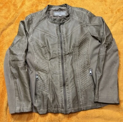 Valerie Stevens Imitación Cuero Moto Bomber Moto Chaqueta Motocicleta Verde Marrón Grande Foto 1 de 4