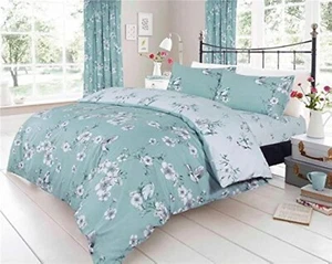 Duvet Set Flowers Birds Blossom Duck Egg Teal Bedding Quilt Cover Pillow Cases - Picture 1 of 3
