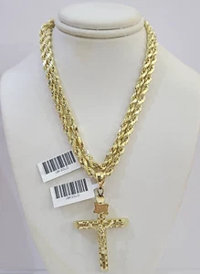 10k Gold Rope Chain & Cross Charm Pendent SET 4mm 24 Inches Necklace - Picture 1 of 5