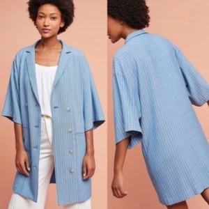 $138 Maeve by Anthropologie Blue Pinstripe Trench Coat Overcoat XS Extra Small - Picture 1 of 8