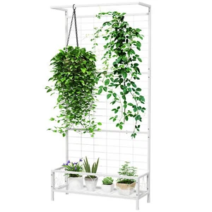 Metal Tall Plant Stand with Trellis Hanging Bar Plant Holder for Indoor Outdoor - Picture 1 of 11