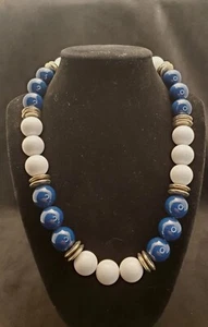 Navy and White Beaded Necklace with Silver 18” - Picture 1 of 5