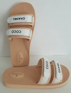 CHANEL ICONIC BAYWATCH BEIGE WHITE COCO  LOGO POOL SLIDES FLIP FLOP I LOVE SHOES - Picture 1 of 8