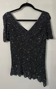 Top Adrianna Papell Boutique Seda Cuentas Lentejuelas Manga Acampanada L Noche Formal - Imagen 1 de 9