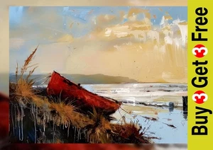 Beached Red Boat 5"x7" Print on Matte Paper | Peaceful Coastal Oil Painting - Picture 1 of 17