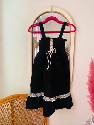 Vintage 80s 90s Girls Black Velvet Smocked Empire Waist Babydoll Dress - Image 1 of 4