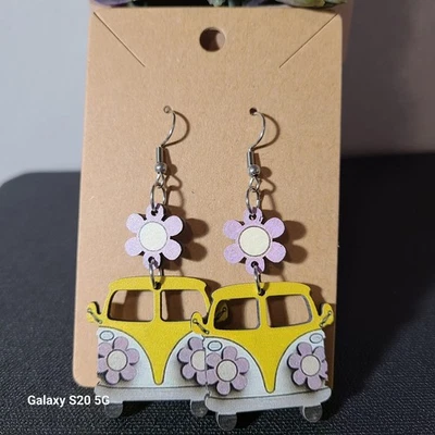 VW Bus Earrings Hippie Earrings Flower Power Earrings Dangle Earrings Yellow - Image 1 of 4
