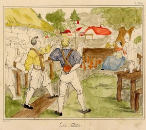 Julius Nisle guardiano di campo sconosciuto non firmato incisione su acciaio colorato a mano XIX secolo - Foto 1 di 2