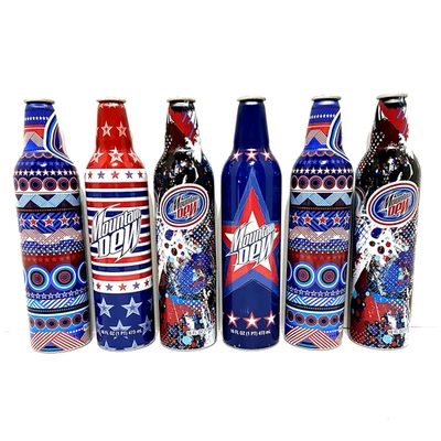 2008 Lot of 6 MOUNTAIN DEW Bottles 9.5" Stars Stripes Patriotic Red White Blue - Image 1 of 3