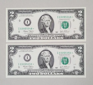 PAIR $2 Bill Star Notes 2003 Series, Consecutive Numbers, UNC, From BEP Strap - Picture 1 of 2