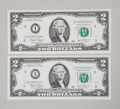 PAIR $2 Bill Star Notes 2003 Series, Consecutive Numbers, UNC, From BEP Strap - Image 1 of 2