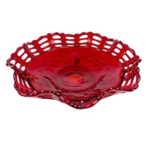 Fenton Amberina 3-Row Open Edge Ruffled Basketweave Footed Bowl 1930s Glass - Picture 1 of 5