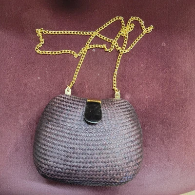 复古草编迷你包棕色金色链条手柄和扣带 Smal 内口袋 — 第 1/4 张图片