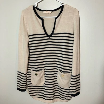 Tory Burch Mujer M Lana Merino Manga Larga Cuello en V Azul Marino Crema Rayas Suéter Foto 1 de 4