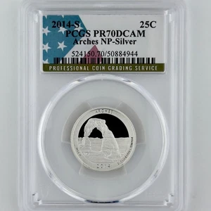 Arches Silver Quarter PR 70 DCAM PCGS 2014 Best Top Grade NP 25c USA Flag - Picture 1 of 8