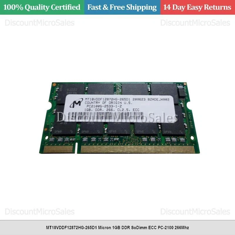 MT18VDDF12872HG-265D1 Micron 1GB DDR SoDimm ECC PC-2100 266Mhz - Image 1 of 1