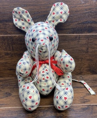 Vintage Handmade Fabric Mouse 10” Sewn Teddy Bear w/ Hearts / Plaid / Button Eye - Image 1 of 4