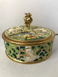 VINTAGE CAPODIMONTE PORCELAIN HAND PAINTED DEER HORSE LIDDED CANDY DISH/TRINKET - Picture 1 of 10