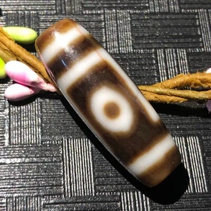 Energy Tibetan Old Agate Ivory Color 1Eye peak Cinnabar Totem dZi Bead 12*35mm - Picture 1 of 9