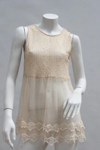 Creme Lace See Through Babydoll Tank Top Tunic Cottagecore Boho - Picture 1 of 9