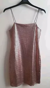 Topshop Rose Gold Sequin Strappy Mini Party Dress UK8 EU36 US4 Disco Ball Y2K - Picture 1 of 22
