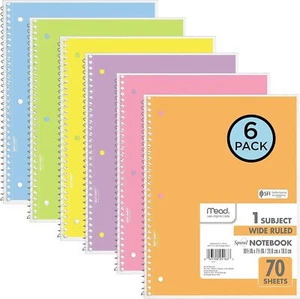 Mead Spiral Notebooks, 6 Pack, 1-Subject, Wide Ruled Paper, 8" X 10-1/2", 70 She - Picture 1 of 2