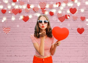 Pink Brick Wall Valentine's Day Backdrop Glitter Loving Heart Photo Background - Picture 1 of 7