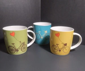 Bicycle Themed Coffee Cups Yellow Blue Green With Red Heart Balloon Set 3 - Picture 1 of 6